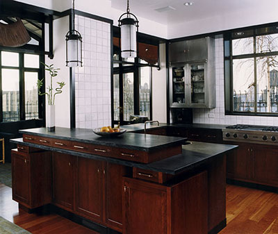 Kitchen with details inspired by antique Japanese transoms