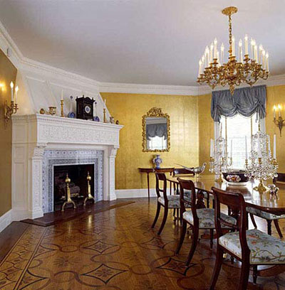 Dining Room with decorative painted floor and gold tea paper