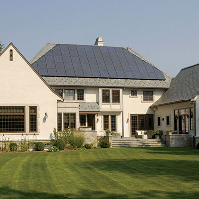 Photovoltaic solar panels on a slate roof